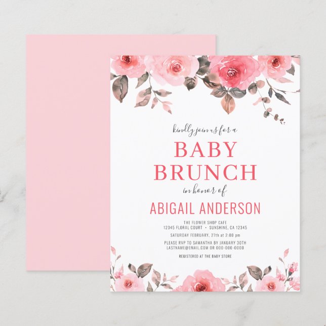Budget Dusty Pink Floral Baby Brunch Einladung (Vorne/Hinten)