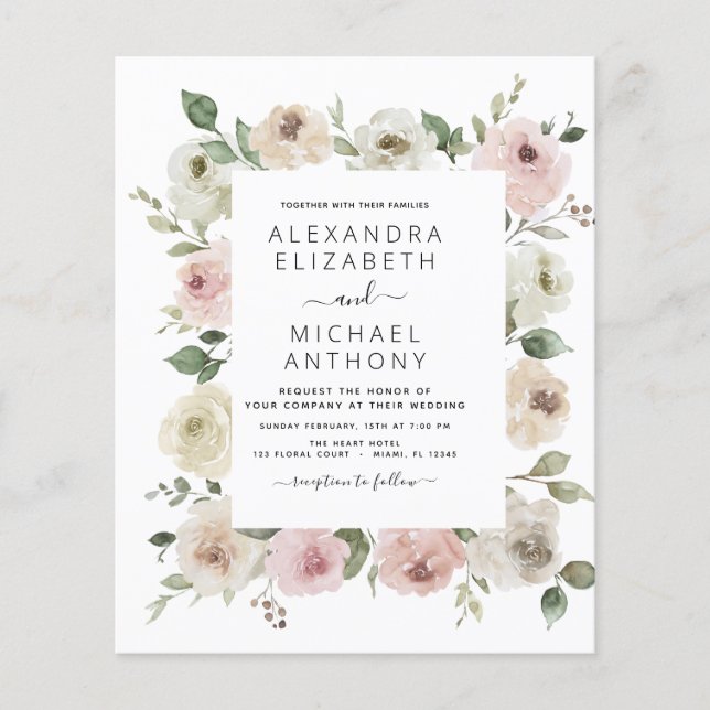 Budget Dusty Pink Floral Eukalyptus Wedding Flyer (Vorne)