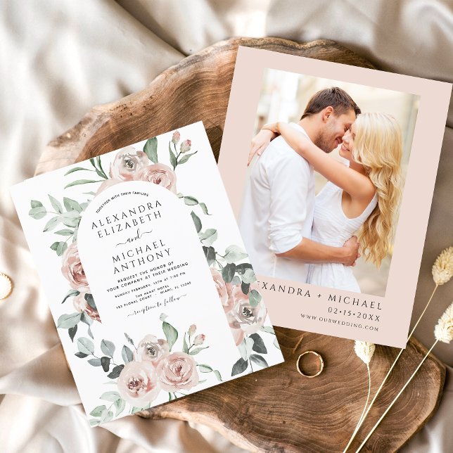 Budget Dusty Pink Floral Foto Hochzeit Einladung (Von Creator hochgeladen)