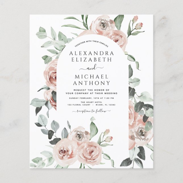 Budget Dusty Pink Floral Foto Hochzeit Einladung Flyer (Vorne)