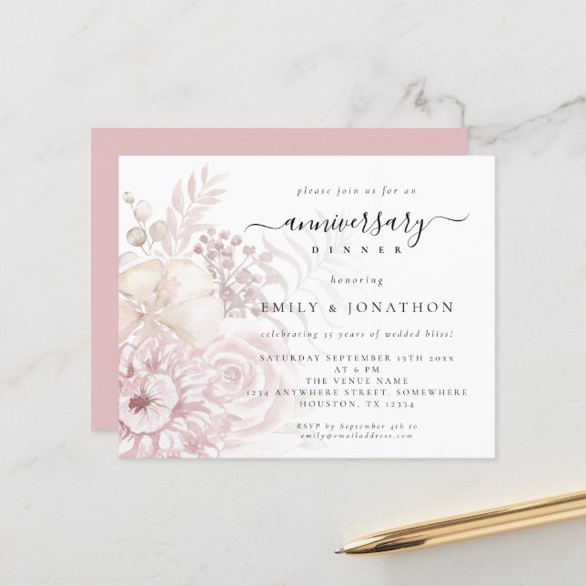 Budget Dusty Pink Floral Jubiläumsessen Einladung (Vorderseite/Rückseite Beispiel)