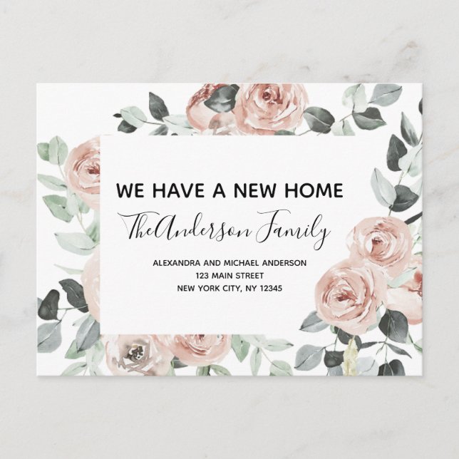 Budget Dusty Pink Floral Moving Ankündigung Postc Postkarte (Vorderseite)