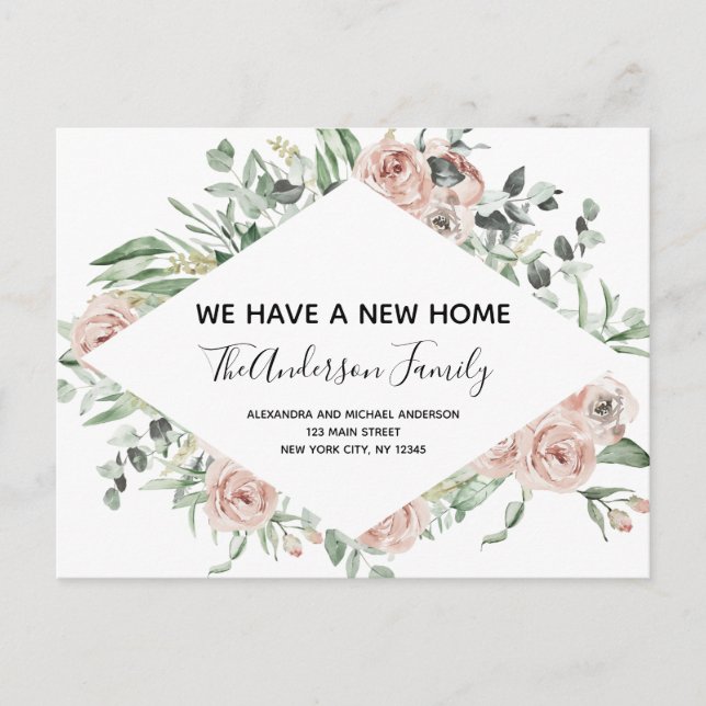 Budget Dusty Pink Floral Moving Ankündigung Postc Postkarte (Vorderseite)