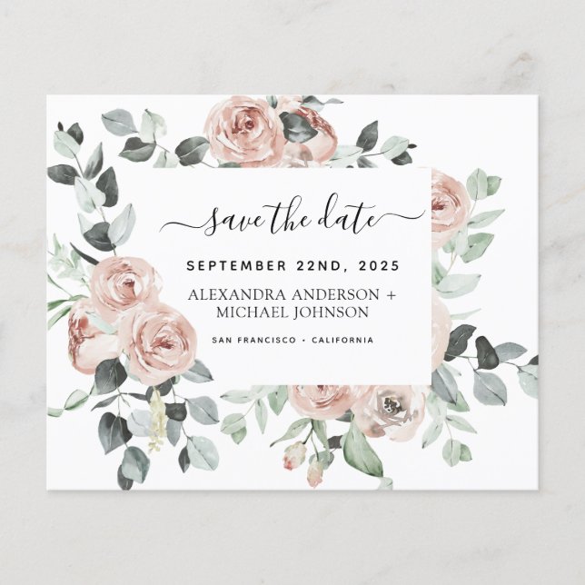 Budget Dusty Pink Floral Save the Date Einladung Flyer (Vorne)