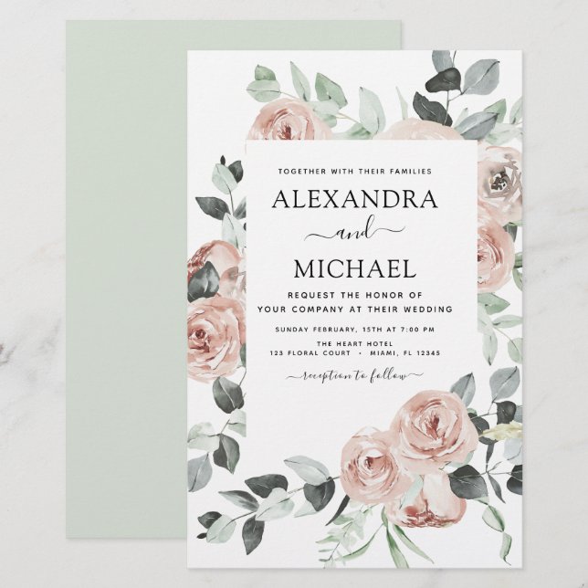 Budget Dusty Pink Floral Wedding Einladung (Vorne/Hinten)