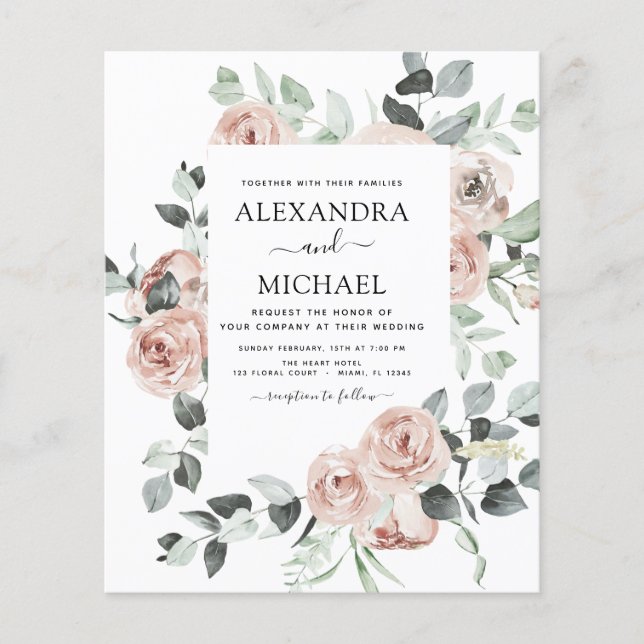 Budget Dusty Pink Floral Wedding Einladung Flyer (Vorne)