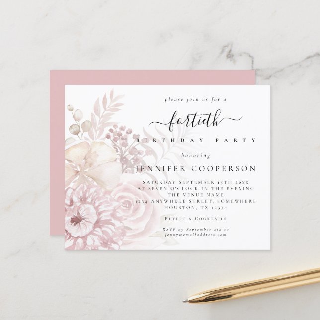 Budget Dusty Pink Florals Frauen 40. Party Einladu (Vorderseite/Rückseite Beispiel)