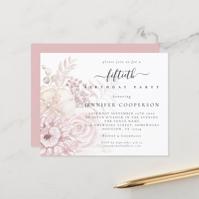 Budget Dusty Pink Florals Frauen 50. Party Einladu (Vorderseite/Rückseite Beispiel)