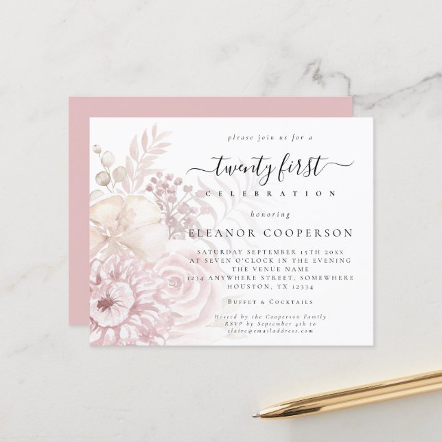 Budget Dusty Pink Florals Girly 21. Party Einladun (Vorderseite/Rückseite Beispiel)