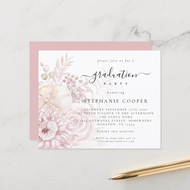 Budget Dusty Pink Florals Graduation Party Einladu (Vorderseite/Rückseite Beispiel)