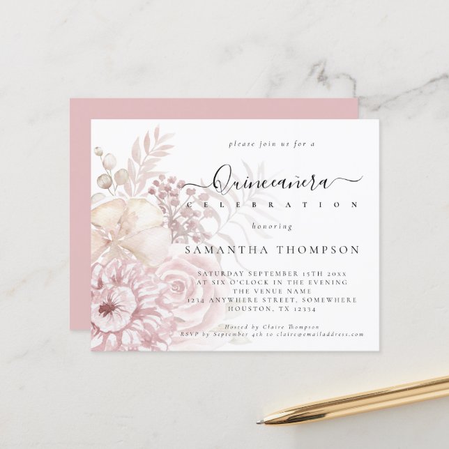 Budget Dusty Pink Florals Quinceañera Einladung (Vorderseite/Rückseite Beispiel)