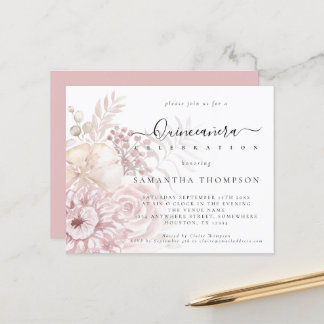 Budget Dusty Pink Florals Quinceañera Einladung