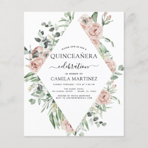 Budget Dusty Pink Quinceañera Blumen-Einladung Flyer