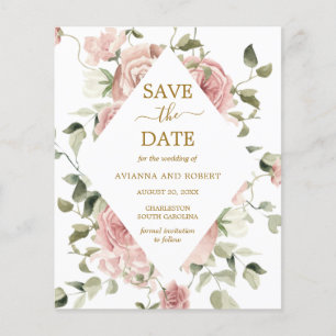 Budget Dusty Pink Rose Floral Gold Save the Date