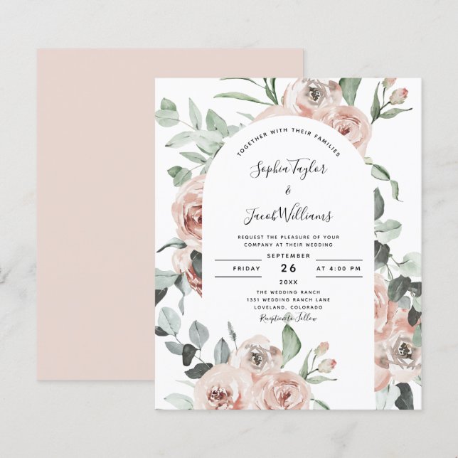 Budget Dusty Pink Roses Blumenzwiebeln Einladung (Vorne/Hinten)