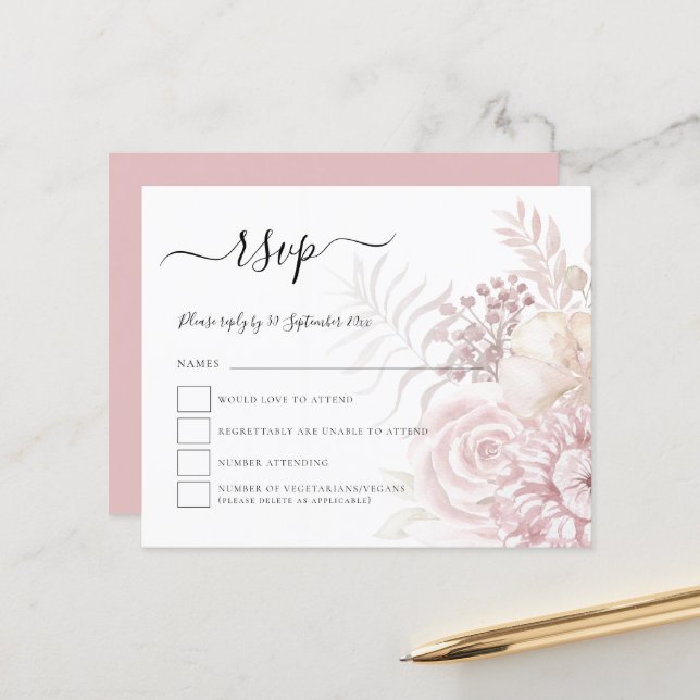 Budget Dusty Pink Tinted Florals Wedding RSVP (Vorderseite/Rückseite Beispiel)