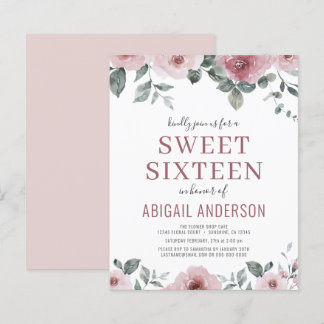 Budget Dusty Rose Floral 16 . Geburtstag Einladung