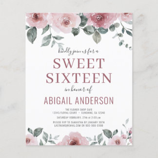 Budget Dusty Rose Floral 16 . Geburtstag Einladung Flyer