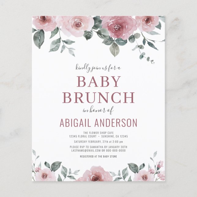 Budget Dusty Rose Floral Baby Brunch Einladung Flyer (Vorne)