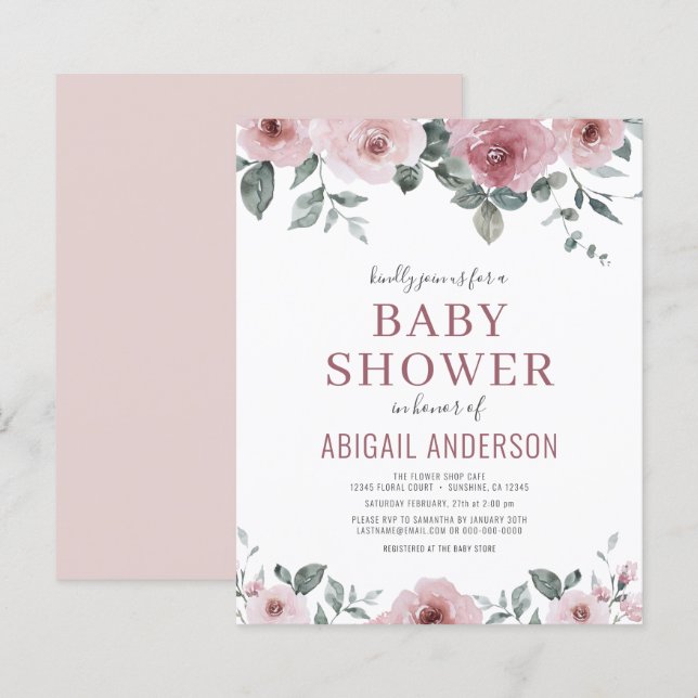 Budget Dusty Rose Floral Baby Dusche Einladung (Vorne/Hinten)