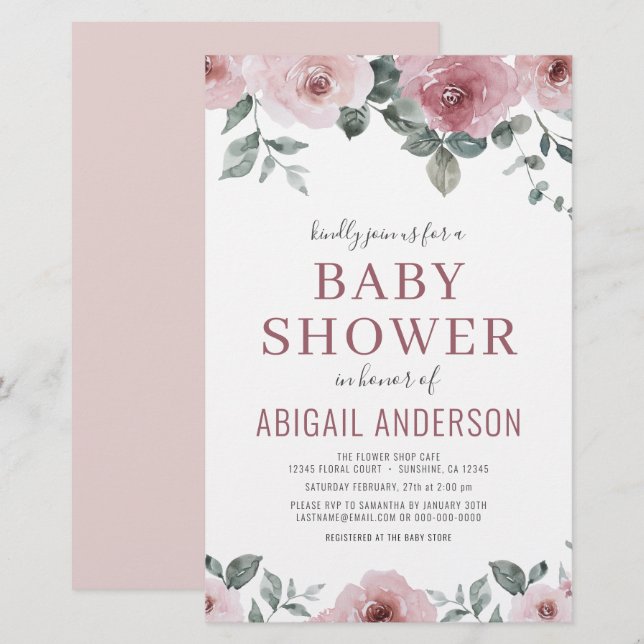 Budget Dusty Rose Floral Baby Dusche Einladung (Vorne/Hinten)
