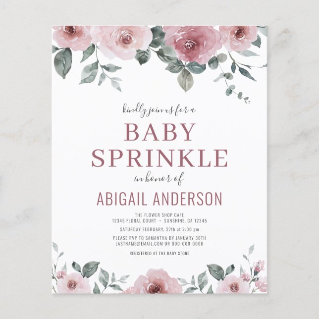 Budget Dusty Rose Floral Baby Sprinkle Einladung Flyer (Vorne)