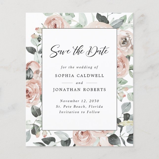 Budget Dusty Rose Floral Eukalyptus Save the Date (Vorderseite)