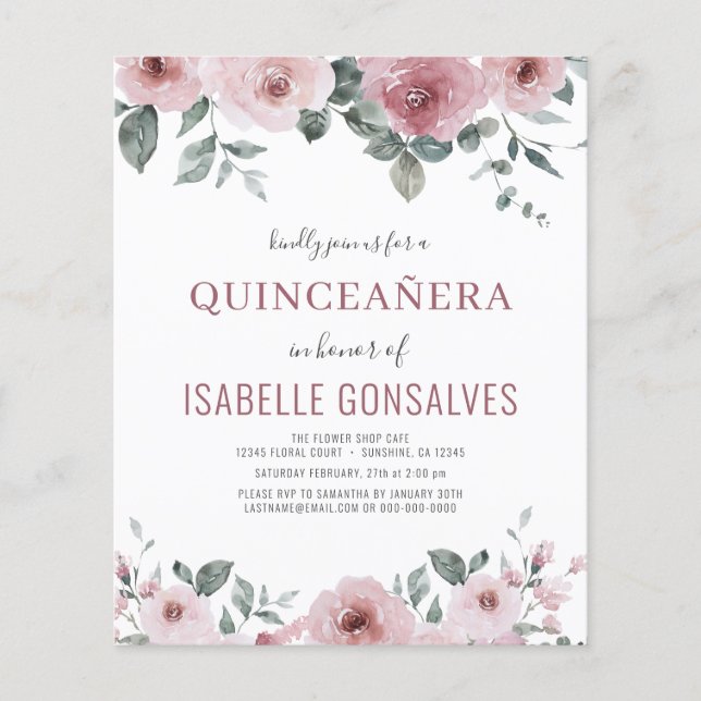 Budget Dusty Rose Floral QUINCEAÑERA Einladung Flyer (Vorne)