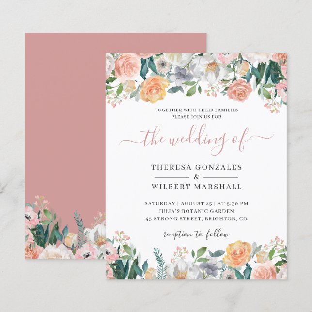 Budget Dusty Rose Floral Wedding Einladung (Vorne/Hinten)
