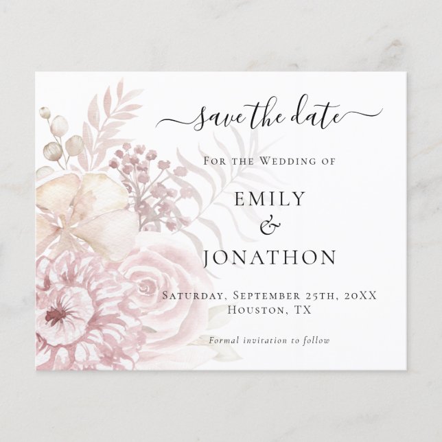 Budget Dusty Rose Florals QR-Kodex Save the Date (Vorderseite)
