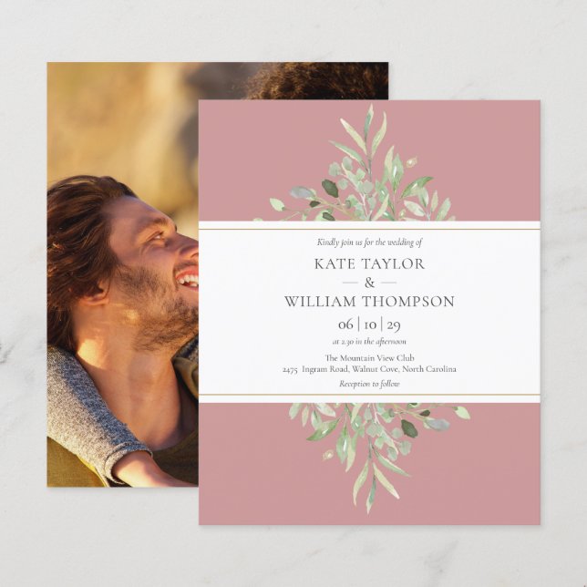 Budget Dusty Rose Greenerity Wedding Foto Einladun (Vorne/Hinten)