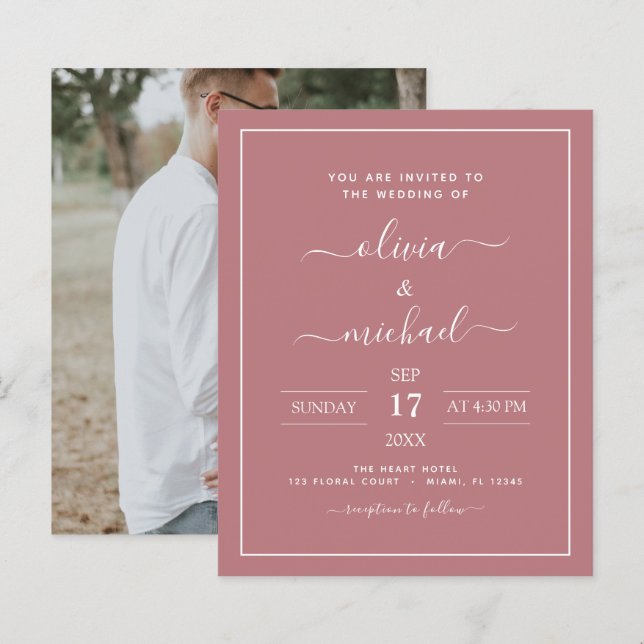 Budget Dusty Rose Hochzeit mit Foto Einladung (Vorne/Hinten)