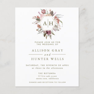 Budget Dusty Rose Monogram Hochzeits-Einladung Fly Flyer