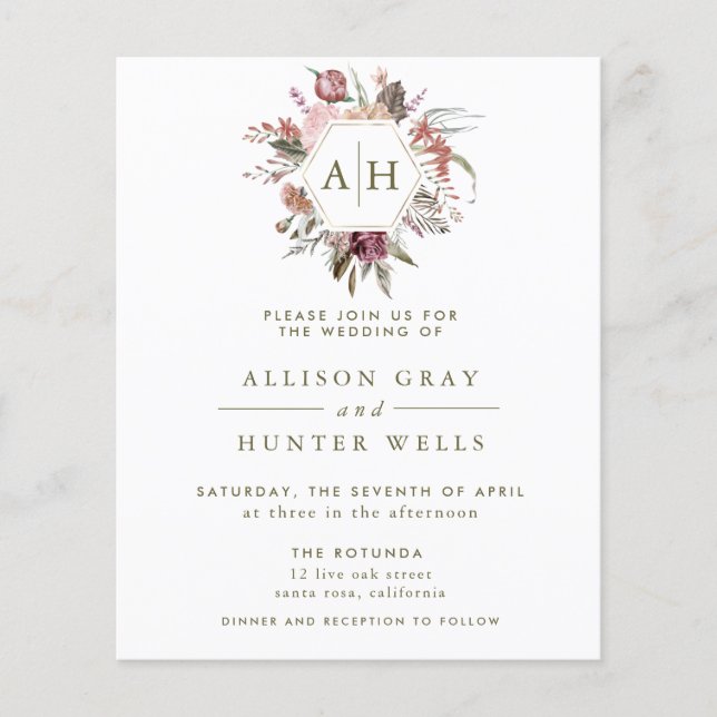 Budget Dusty Rose Monogram Wedding Einladung (Vorderseite)