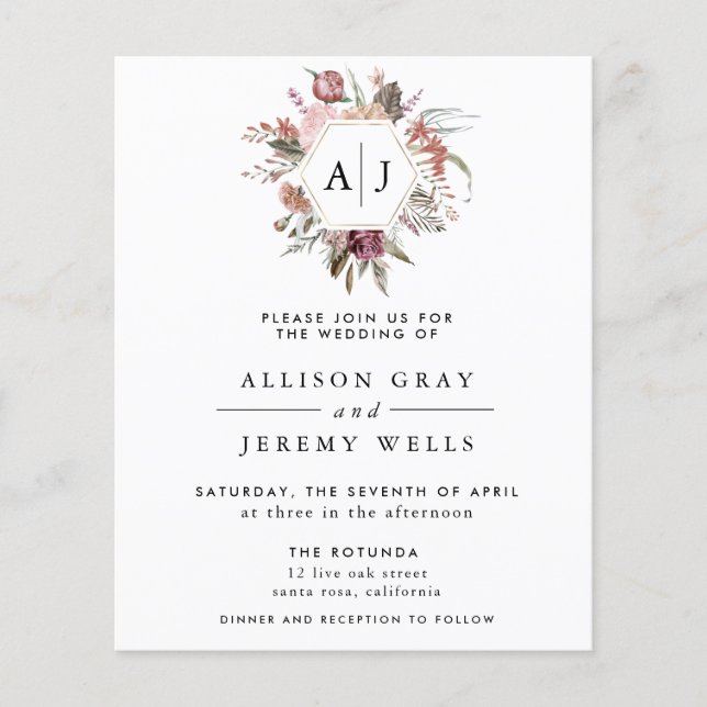 Budget Dusty Rose Monogram Wedding Einladung Flyer (Vorne)