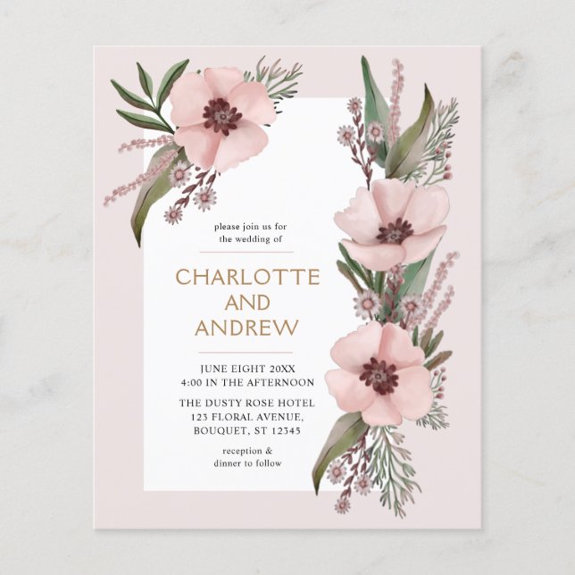 Budget Dusty Rose Pink Gold Floral Wedite Einladun (Vorderseite)