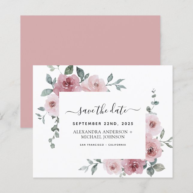 Budget Dusty Rose Save the Date Rosa Blütenblättri (Vorne/Hinten)