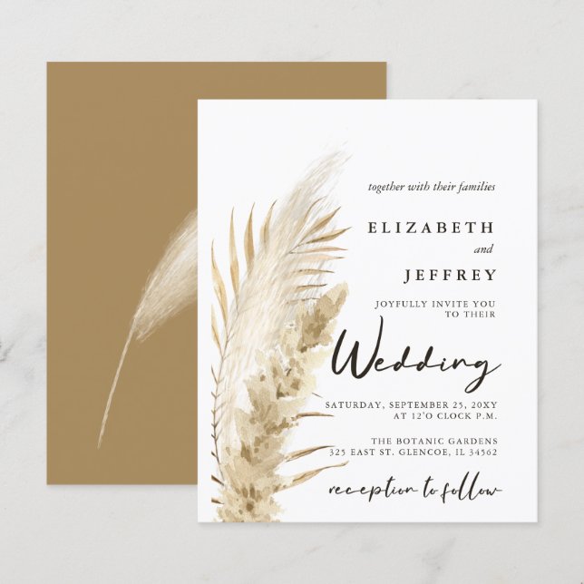 Budget Earthy Boho Pampas Wedding Einladung (Vorne/Hinten)