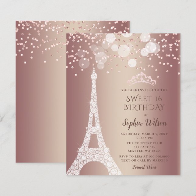 Budget Eiffelturm Rose Gold Sweet 16 Einladung (Vorne/Hinten)