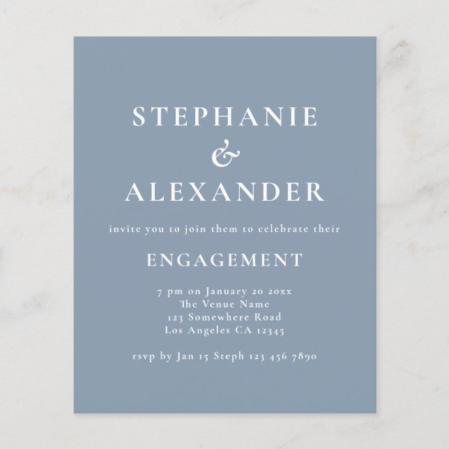 Budget Einfach Text Dusty Blue Engagement Party (Vorderseite)