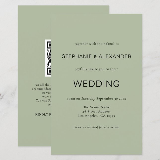 Budget Einfache Seite Green QR Code Hochzeit Einla (Vorne/Hinten)