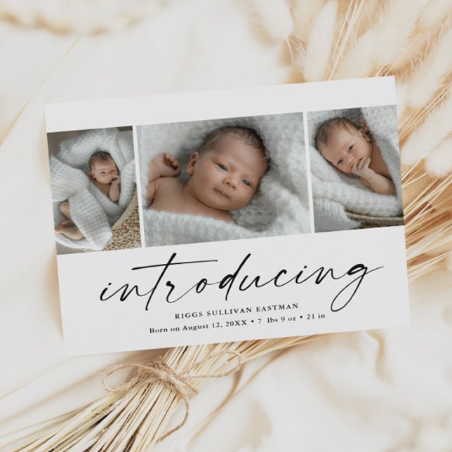 Budget Einführung Baby 3 Foto Danke Karte (Modern introducing script 3 photo birth announcement baby thank you cards.)