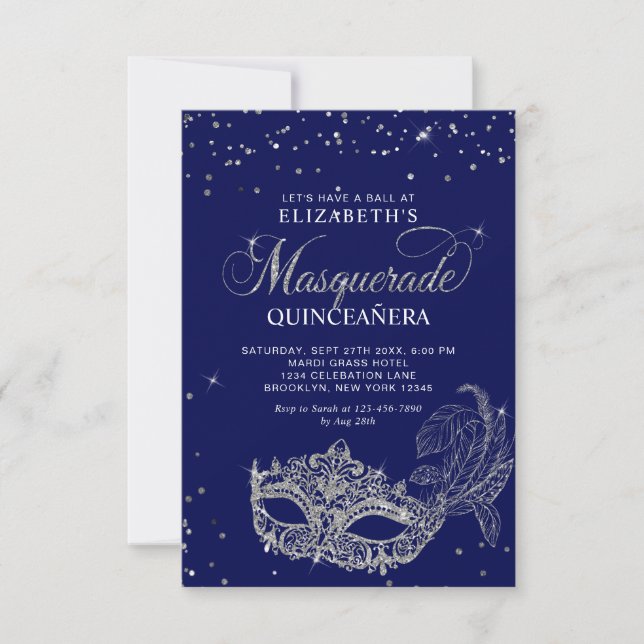 BUDGET EleganBlue Silver Masquerade Quinceañera Mitteilungskarte (Vorderseite)