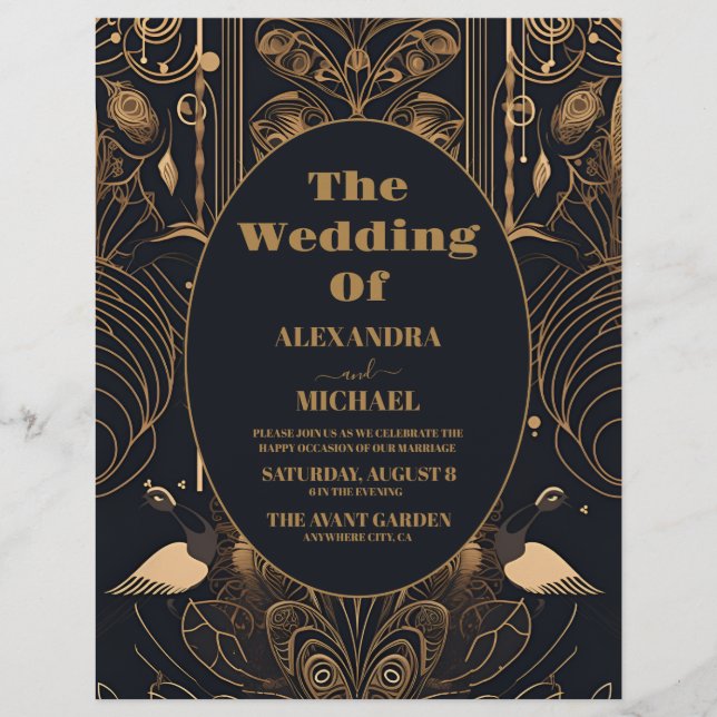Budget Elegant Art Deco Peacocks Wedding Flyer (Vorne)