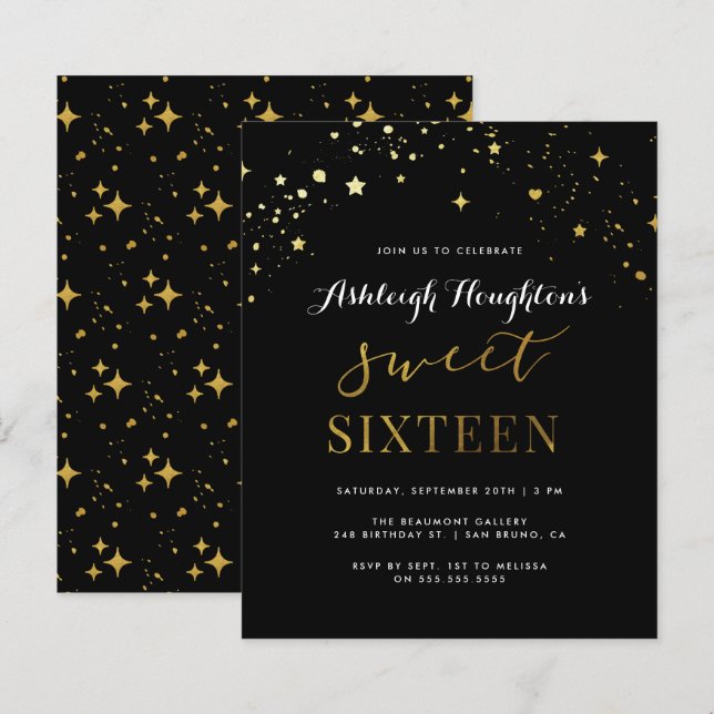 Budget Elegant Black & Gold Star Confetti Sweet 16 (Vorne/Hinten)