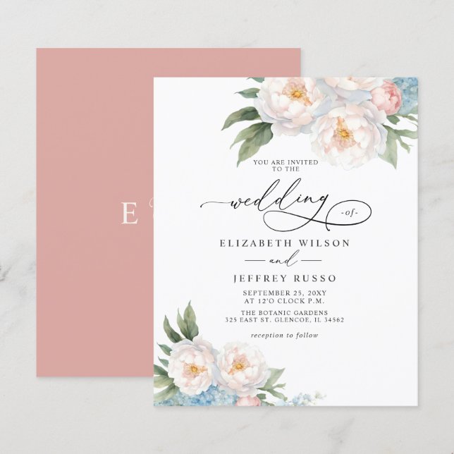 Budget Elegant Blush Bloral Hochzeit Einladungen (Vorne/Hinten)
