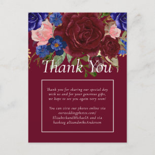 Budget Elegant Burgundy Blue Floral Wedding Postkarte