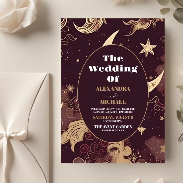 Budget Elegant Burgundy Gold Celestial Wedding Flyer (Von Creator hochgeladen)