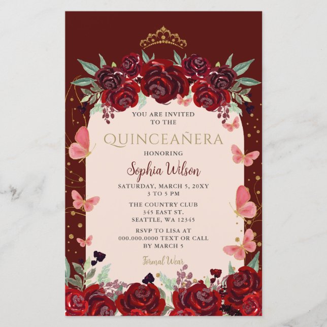Budget Elegant Burgundy Gold Floral Quinceñera (Vorderseite)