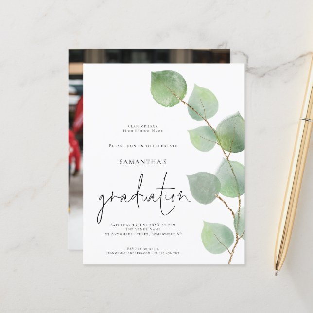 Budget Elegant Eucalyptus Foto Grad Einladung (Vorderseite/Rückseite Beispiel)